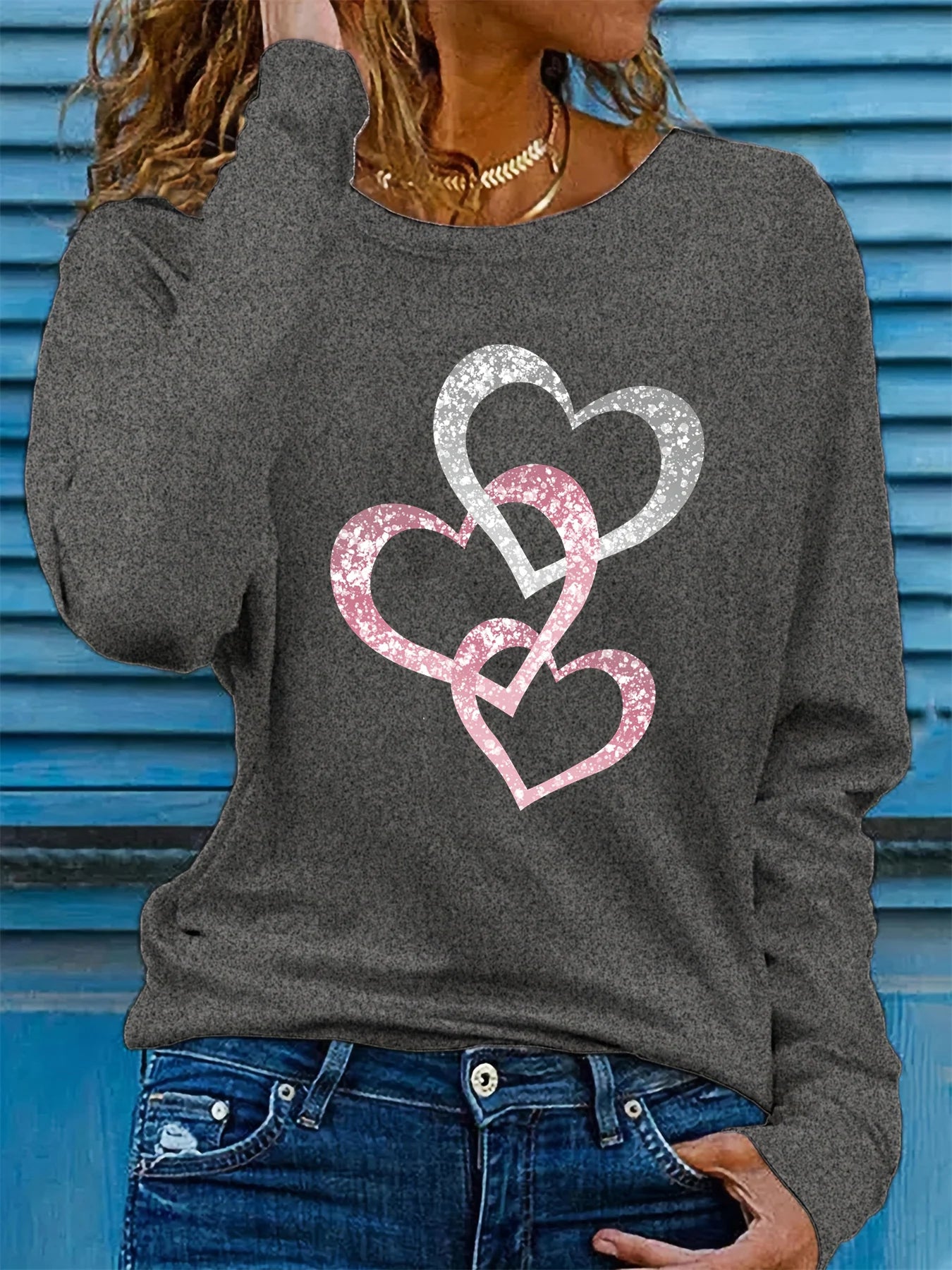 T Shirt Da Donna Maniche Lunghe Con Scollo Tondo Stampa Amore Brillante Moda Casual In Cotone Puro Primavera Autunno