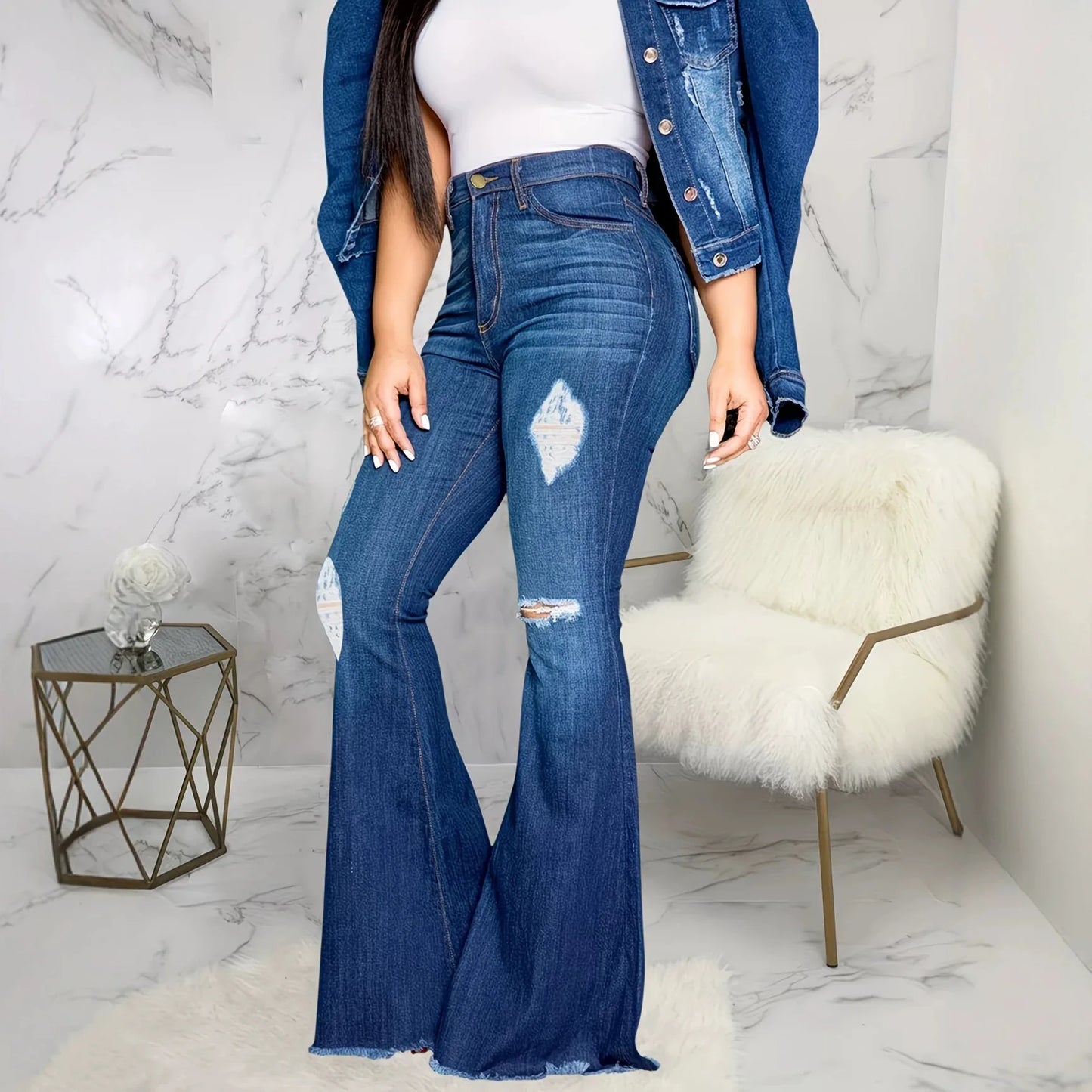 FENROOST Jeans Donna Vita Alta Elasticizzati Strappati Zampa D'Elefante Denim Distressed Vintage Slim