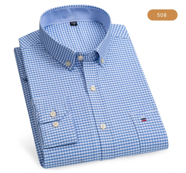 Camicia Da Uomo Oxford Abbottonata Maniche Lunghe In Cotone Al 100 Percento Con Tasca A Quadri Piccoli Stile Casual