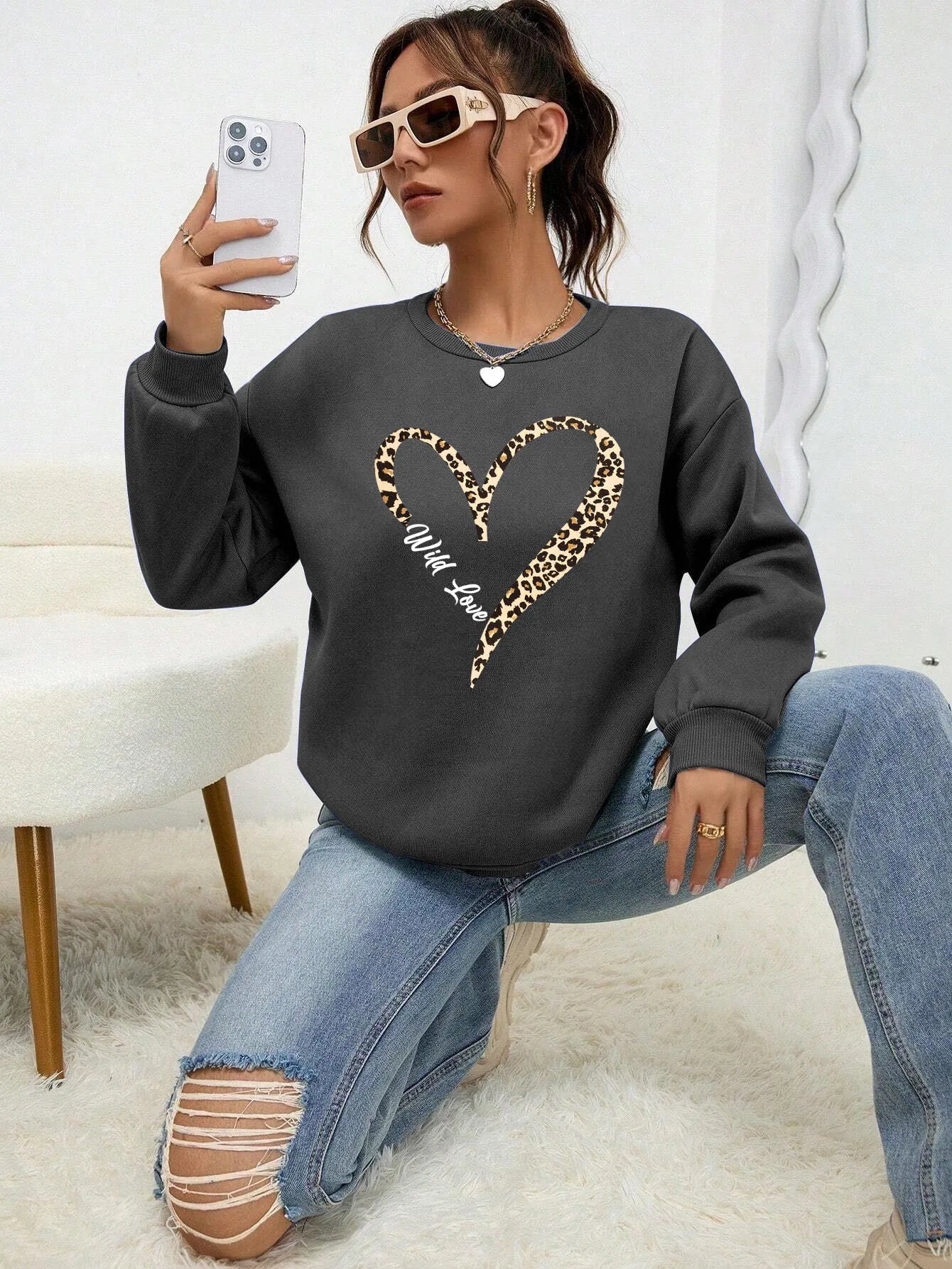 Felpa Da Donna Con Stampa Cuore Leopardato Selvaggio Fodera In Pelliccia Girocollo All Match Abbigliamento Hipster