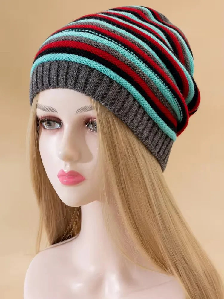 Nuovi Cappelli Invernali Slouchy da Donna per Tenere al Caldo Berretto Lavorato a Maglia a Righe Design