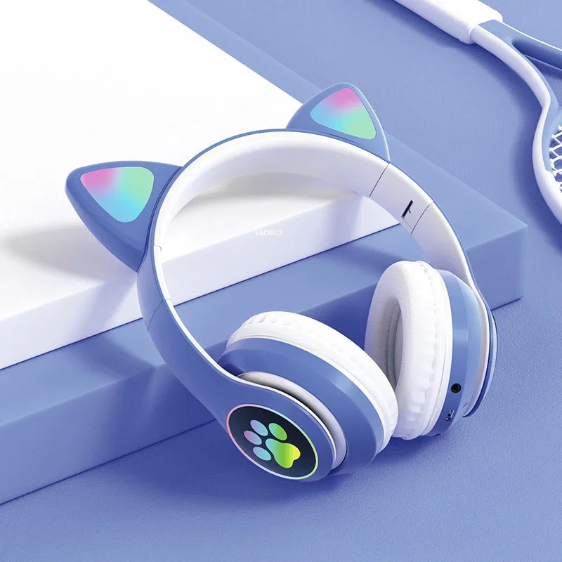 Lampada Cuffie Orecchie Di Gatto Bluetooth 5 0 Stereo Microfono Slot TF Auricolare Wireless Ragazze Bambini Regalo