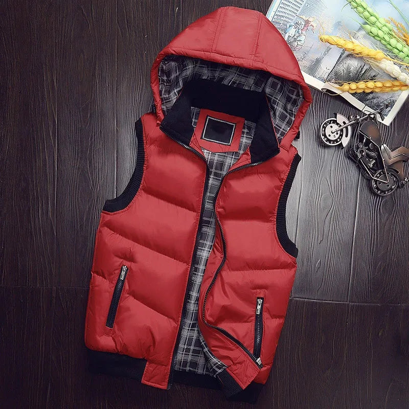 Gilet Invernale Imbottito Da Uomo Con Cappuccio In Cotone Colore A Contrasto Senza Maniche Caldo E Spesso
