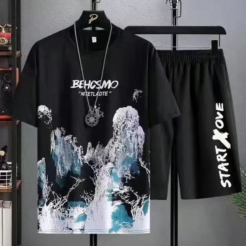 Set Estate da Uomo Manga Graffiti T Shirt Pantaloncini 2 Pezzi Comodo Traspirante con Stampa