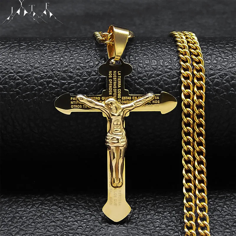 Collana Croce Biblica In Acciaio Inossidabile Pendente Gesù Lunga Unisex Uomo Donna Gioielli Religiosi