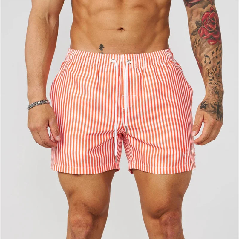 Pantaloncini Da Surf Uomo A Strisce Semplice Linea Sottile Con Coulisse Ad Asciugatura Rapida Spiaggia Estiva