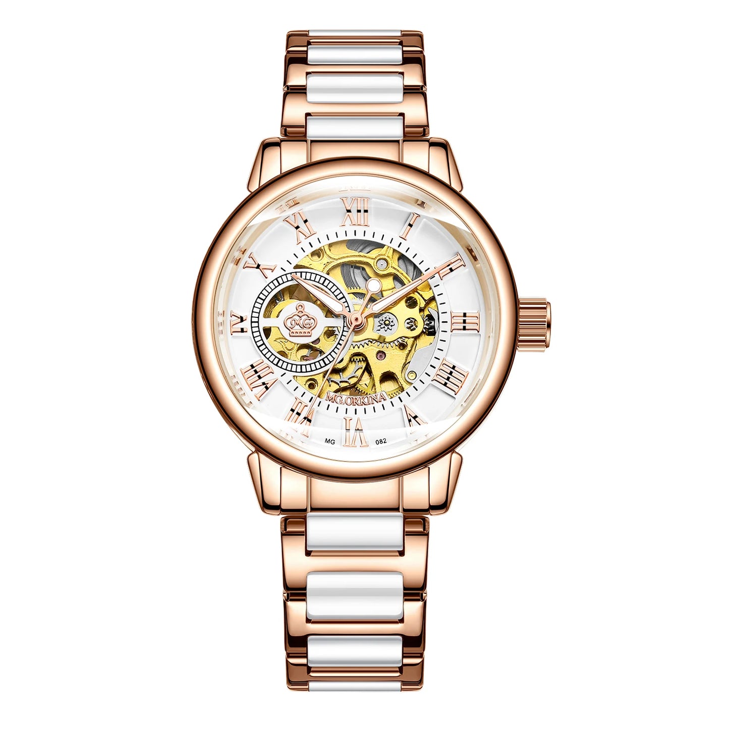 Orologio Meccanico Automatico Da Donna Orkina Classico Scheletrato Lusso Cinturino In Acciaio Inossidabile E Pelle