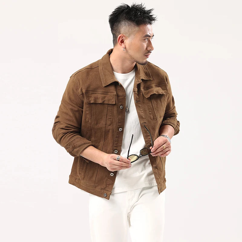 Giacca Jeans Caramello da Uomo 2025 Primavera Autunno Nuovo Stile Slim Elasticizzata Classica Moda