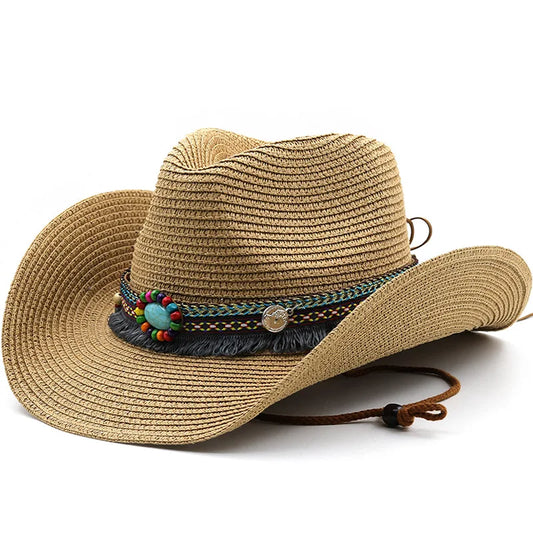 Cappello di paglia da cowboy occidentale per uomini e donne Cappelli da sole estivi a tesa larga per esterni Bohemia Cappellino da jazz traspirante da spiaggia per le vacanze