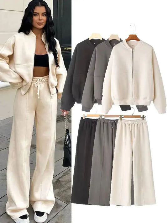 Giacche Bomber Donna Autunno 2 Pezzi Retro Tinta Unita Con Zip Pantaloni A Gamba Larga Con Lacci A Vita Alta Street Wear