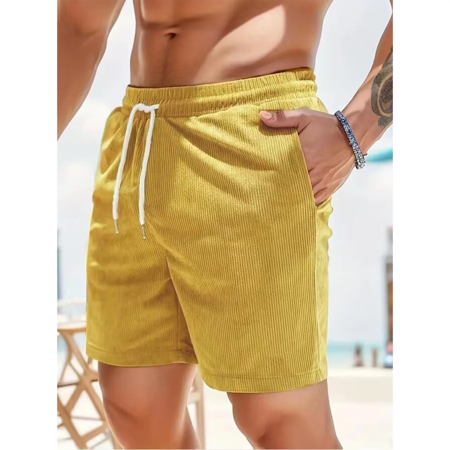 Pantaloncini Estivi Da Uomo In Velluto A Coste Tinta Unita Con Lacci Casual E Semplici