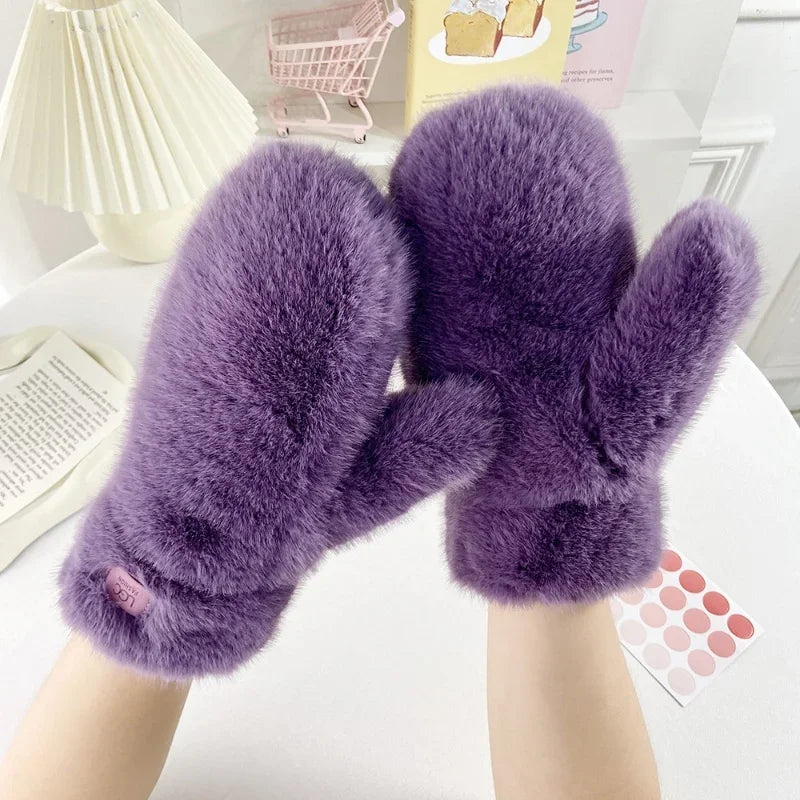Guanti In Peluche Spessi E Caldi Con Cashmere E Pelliccia Di Coniglio Imitazione Per Donne Antivento Con Dita Intere