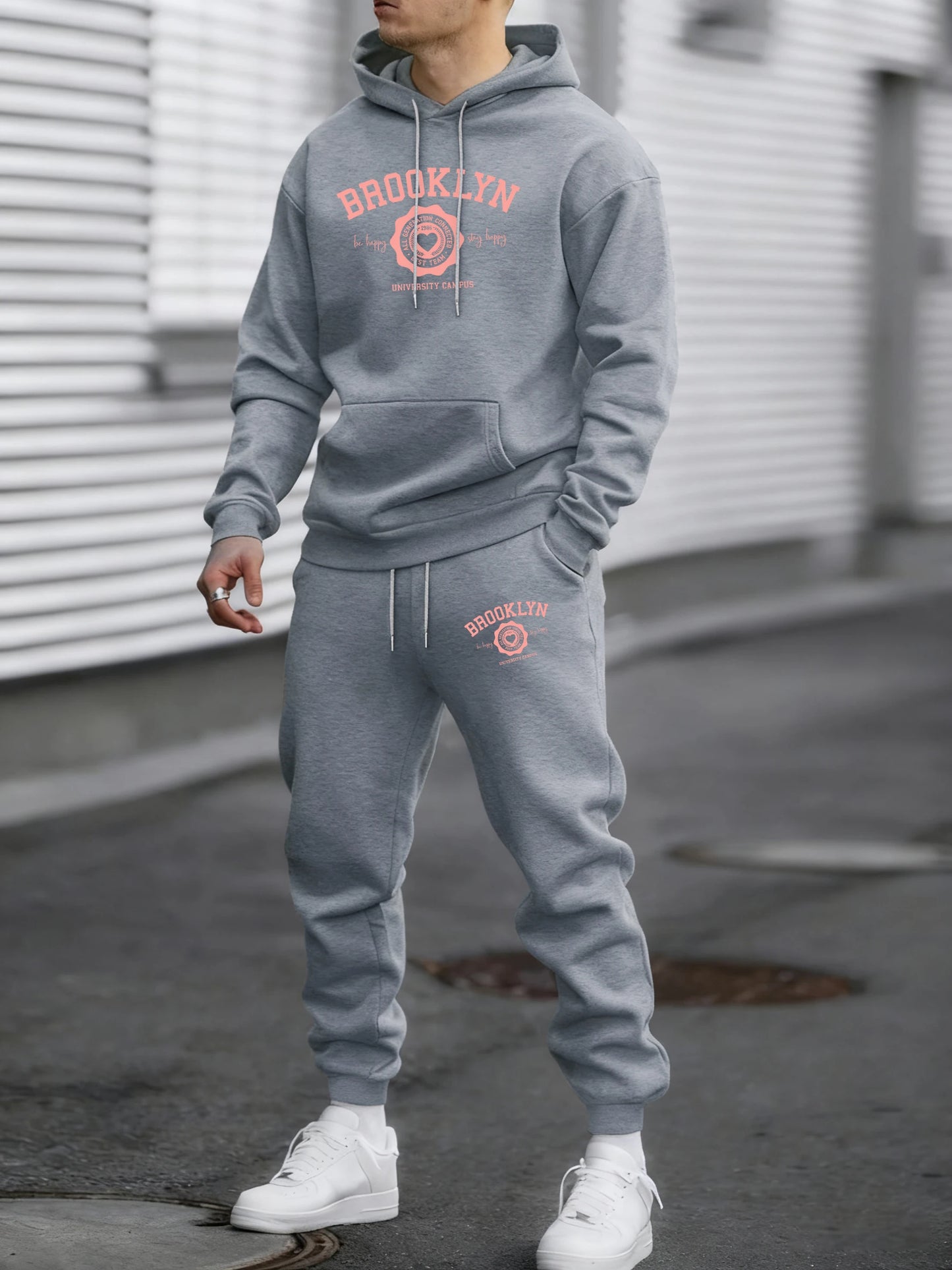 Felpa Con Cappuccio Uomo Heart Print Brooklyn Best Team Autunno Hip Hop Morbido Pile Pantaloni Semplici Sportivi