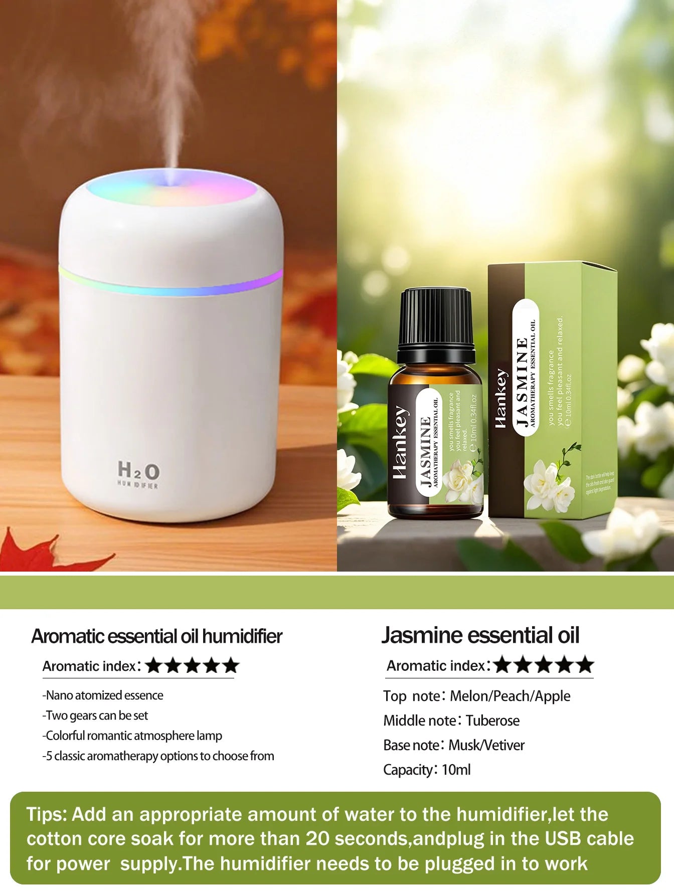 Diffusore Aromaterapia Umidificatore Purificatore D'Aria 300ml Luce a Sette Colori Olio Essenziale per Uso Domestico