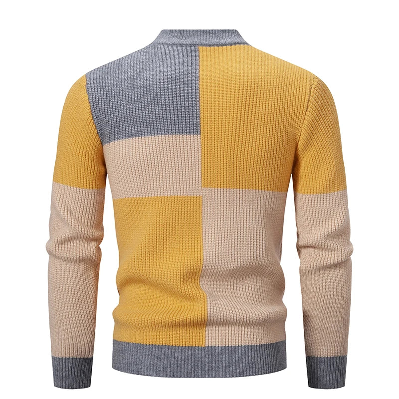 Pullover a Collo Finto da Uomo Patchwork Slim Fit Maglione Lavorato a Maglia Autunno Inverno