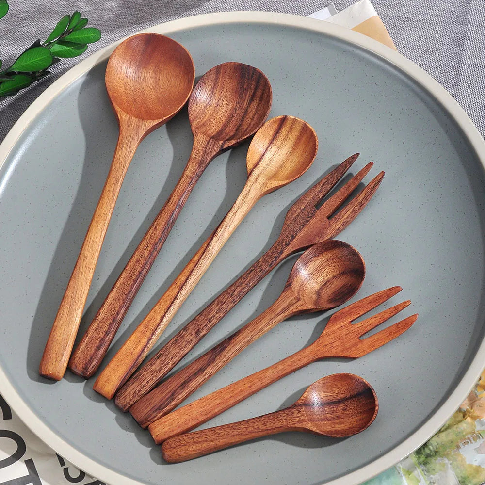 Set Da 7 Pezzi Cucchiai In Legno In Stile Occidentale Utensili Da Cucina Multiuso Per Ramen Insalata Zuppa Dessert E Tè