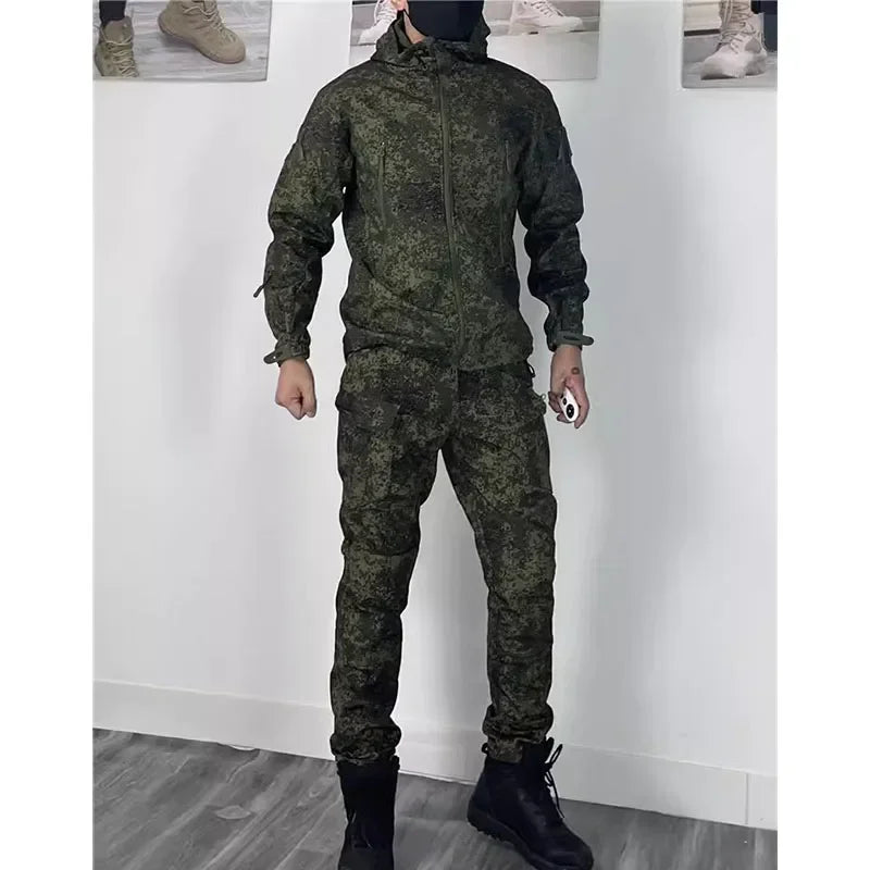 Tuta Soft Shell Uniforme Militare Con Cappuccio Pantaloni Cargo Traspiranti Set Da Caccia Multitasche