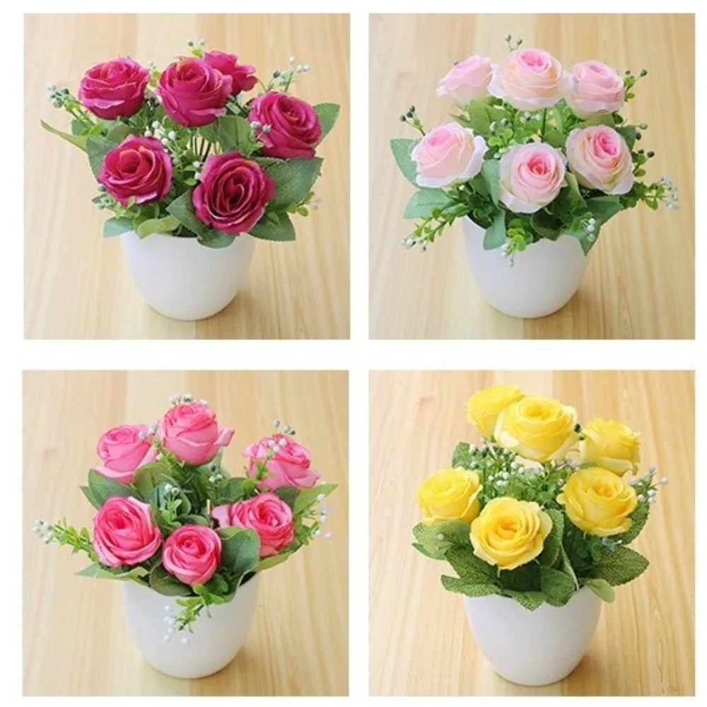 Rosa Artificiale In Vaso Plastica Multicolore Piante Finte Ornamentali Per Interni Ed Esterni Decorazione Giardino