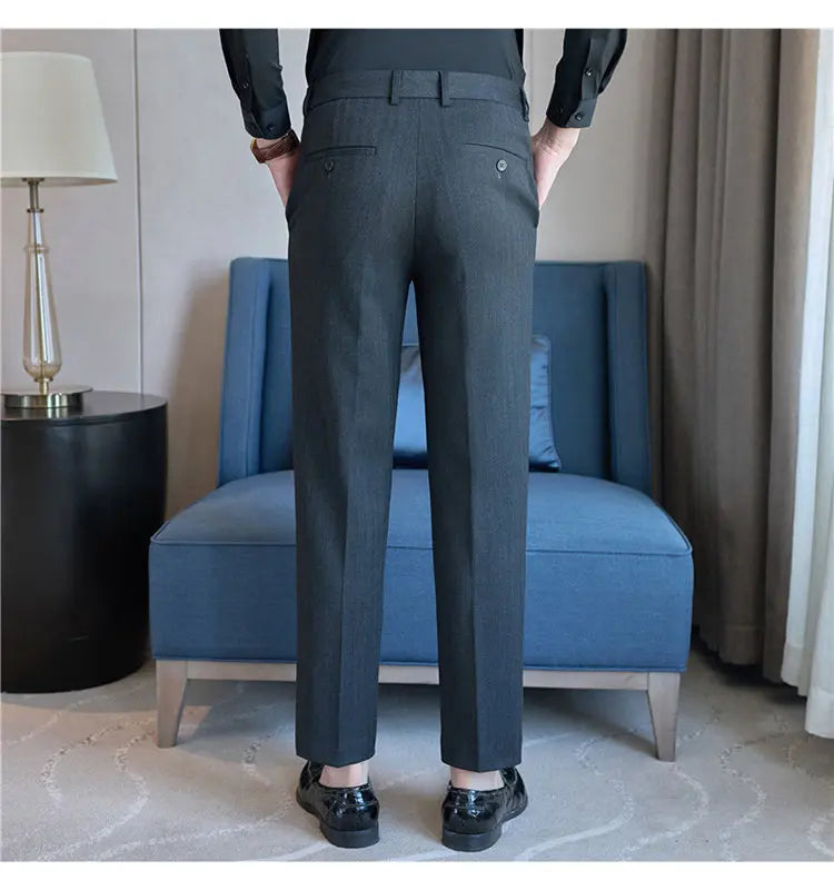 Pantaloni Da Abito Inverno In Lana Spessa Con Vita Elastica Gessati E Tinta Unita Per Uomo