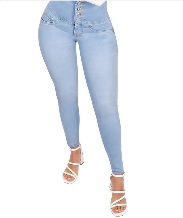Jeans Elasticizzati A Gamba Sottile Denim Skinny Vita Alta Da Donna Pantaloni Oversize Che Modellano I Glutei