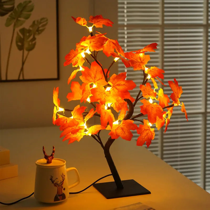 Lampada Albero Fatato Da Tavolo A LED Con 24 Luci Rosa E Foglie Di Acero Decorazione Romantica USB Per Nozze Halloween