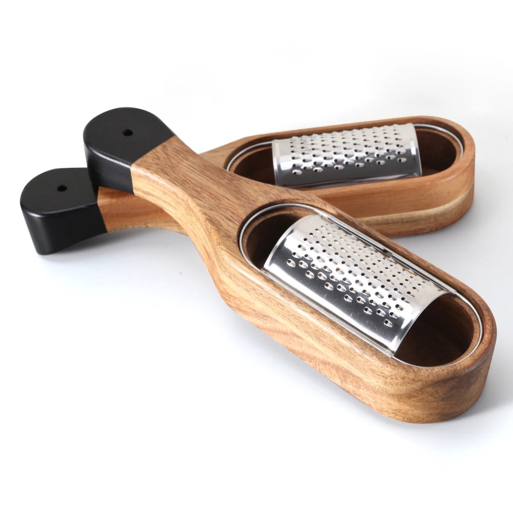 Grattugia Multifunzionale Per Formaggio In Acciaio Inox Con Contenitore Rimovibile In Legno Di Acacia Jaswehome