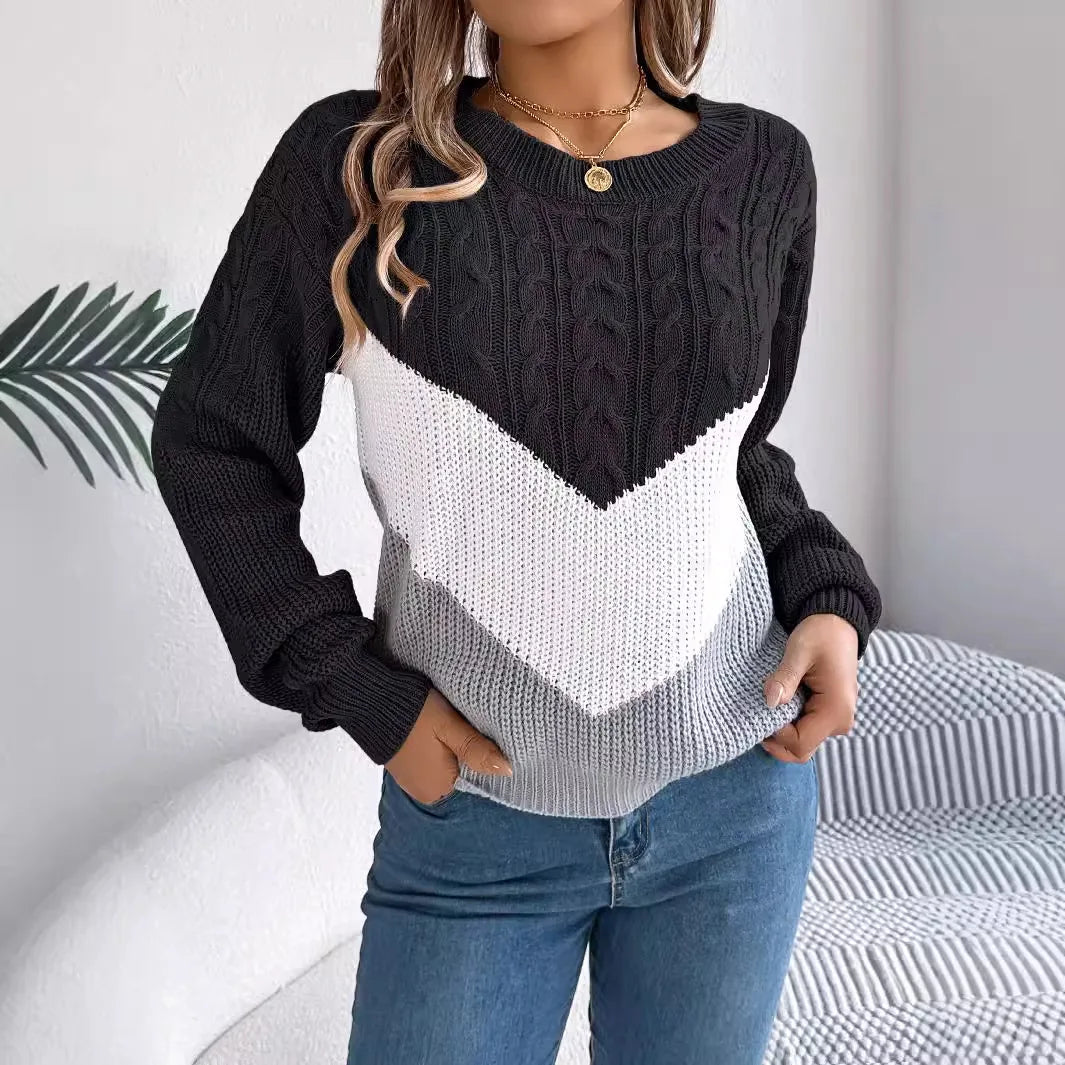 Pullover Lavorato A Maglia Autunno Inverno Color Block Manica Lanterna Collo A O Jersey Donna Elegante