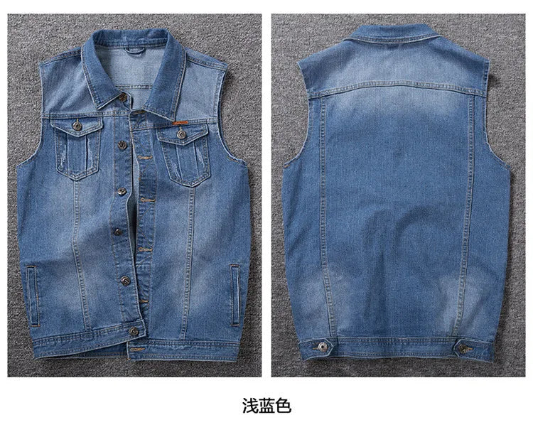 Gilet In Denim Da Uomo Plus Size Elasticizzato Senza Maniche Stile Moto Con Tasche 6XL 7XL 8XL