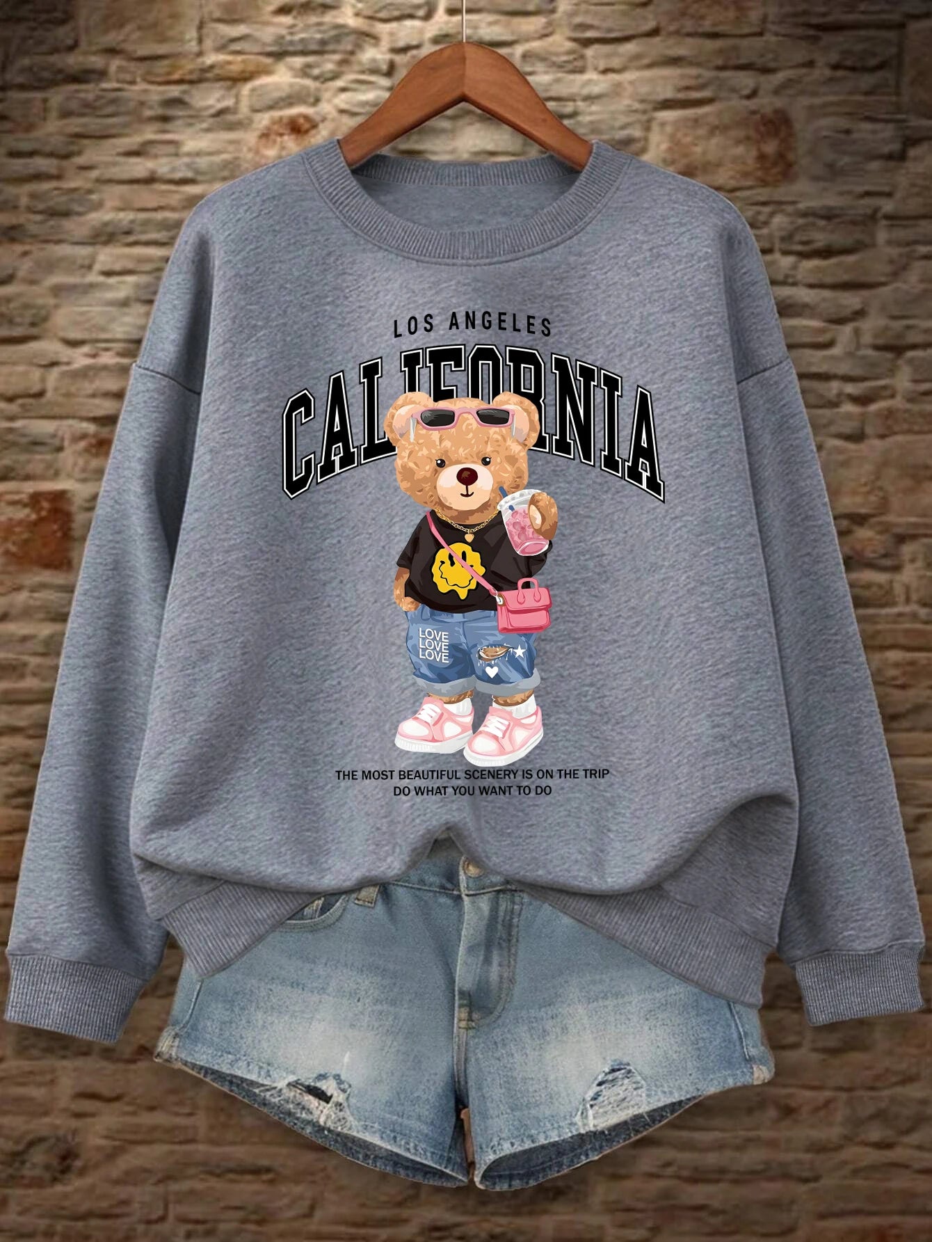 Orsetto Bere Tè Al Latte Stampato Pullover Da Donna Con Collo A O Felpa In Pile Streetwear Autunno