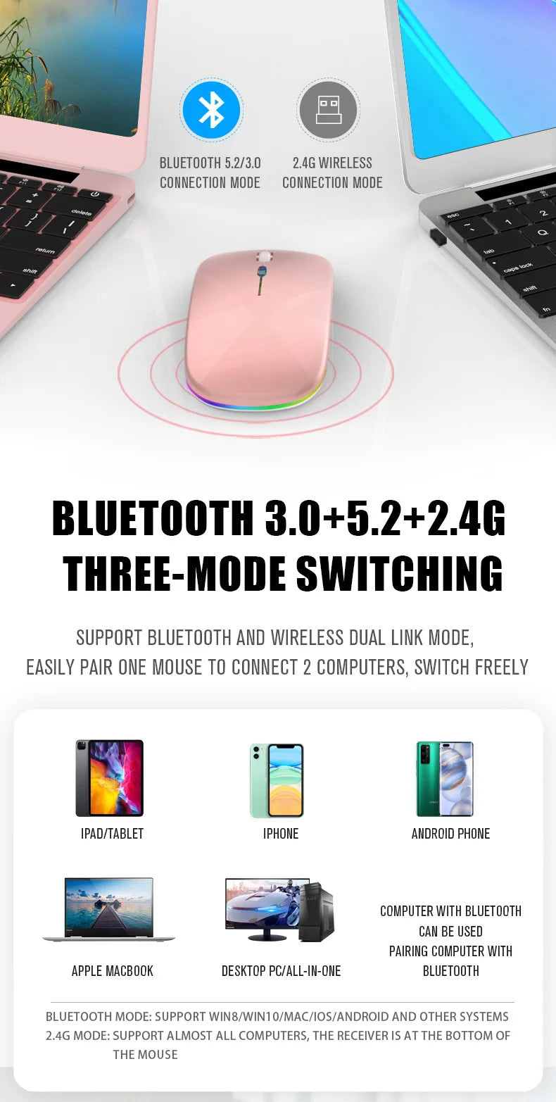 Mouse Wireless Bluetooth Ricaricabile USB RGB 1600 DPI 2,4 GHz Per PC Laptop Tablet MacBook Gaming