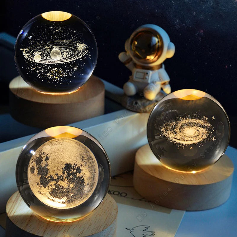 Sfera Di Cristallo 3D Luce Notturna Lampada A LED Per Comodino Galassia Saturno Pianeti Luna 5 Cm Regalo Per Bambini