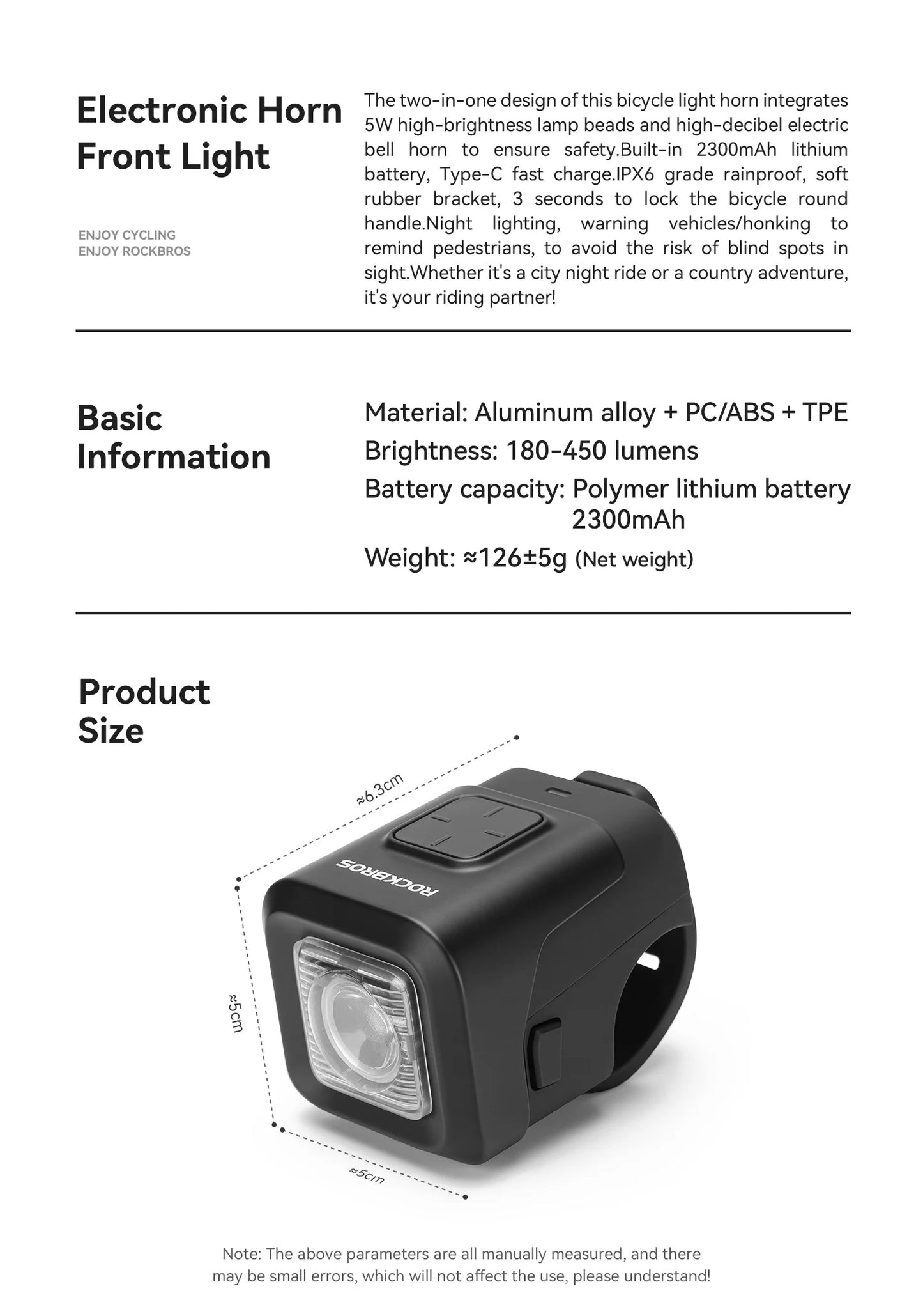 Clacson Per Bici IPX6 Antipioggia Con Ricarica Tipo C 2300mAh Faro Illumina Avvertimento Luce Anteriore Due In Uno