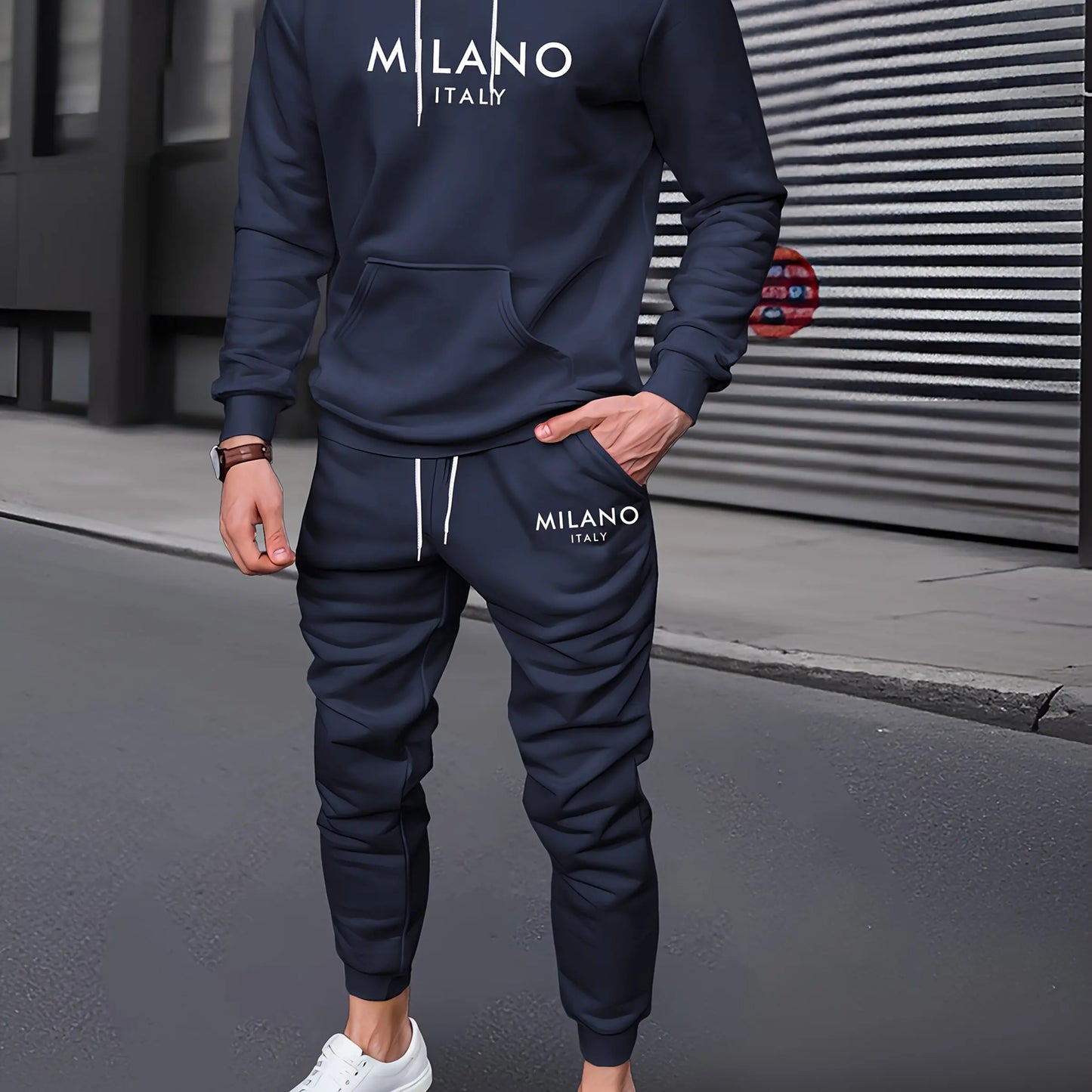 Felpa Sportiva Da Uomo Autunno Inverno Calda In Velluto Spesso Stampa Lettera Milano Italia E Set Pantaloni Della Tuta