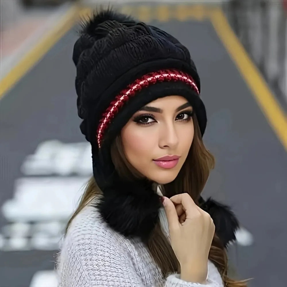 Cappello Invernale Morbido e Caldo con Pelliccia per Donne Berretto con Paraorecchie Foderato in Pile Lavorato a Maglia