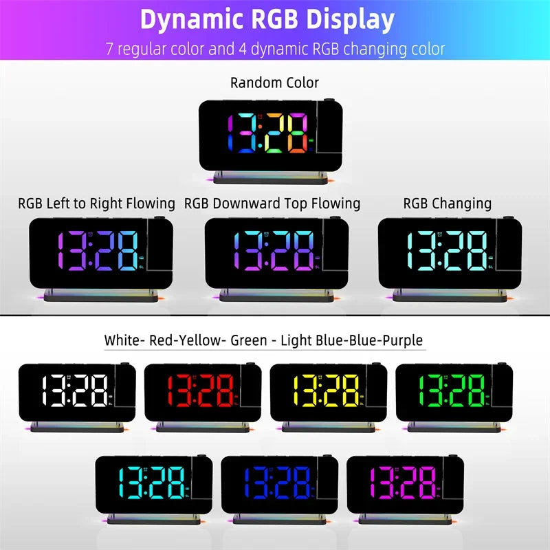 Radio FM a Proiezione 180 Gradi con Sveglia RGB e Luce Notturna 6 Livelli di Luminosità USB Doppia Uscita Orologio LED