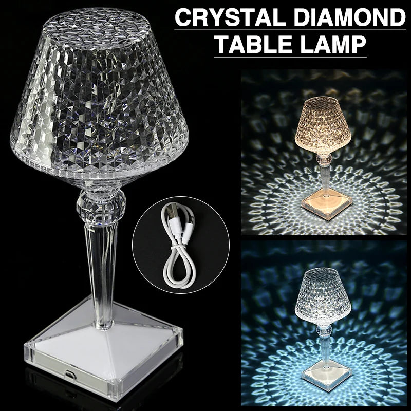 Lampada da Tavolo LED con Diamanti Proiezione di Cristalli Protezione Occhi USB Touch Lettura Luce Notturna