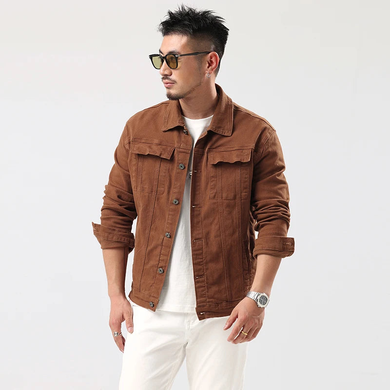Giacca Jeans Caramello da Uomo 2025 Primavera Autunno Nuovo Stile Slim Elasticizzata Classica Moda