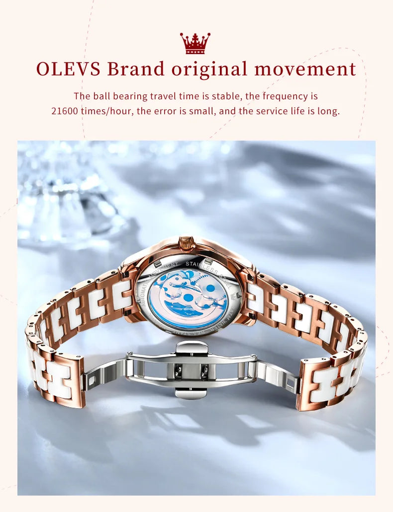 OLEVS Orologio Da Donna Meccanico Automatico In Ceramica Lunetta Originale Impermeabile Luminoso Quadrante A Farfalla
