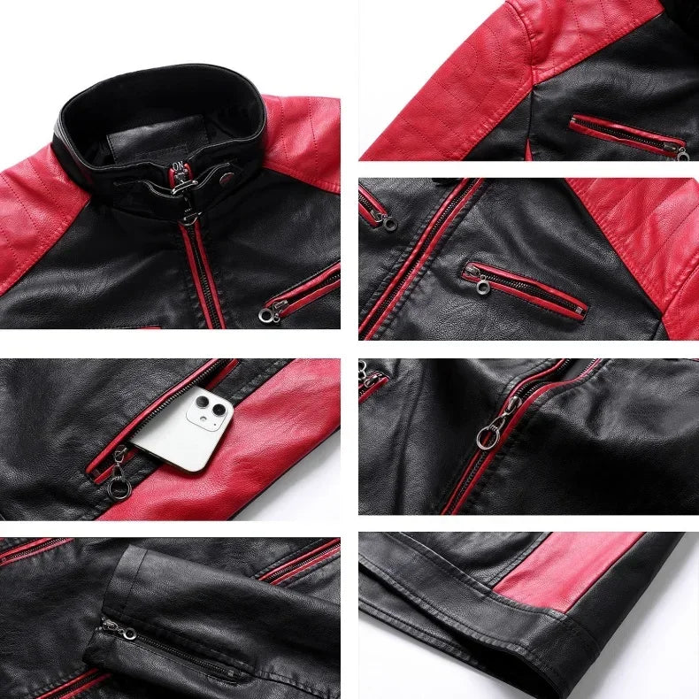 Giacca Da Moto Patchwork Da Uomo In PU Con Colletto Rialzato E Color Blocking Di Alta Qualità