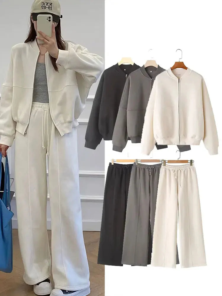 Giacche Bomber Donna Autunno 2 Pezzi Retro Tinta Unita Con Zip Pantaloni A Gamba Larga Con Lacci A Vita Alta Street Wear