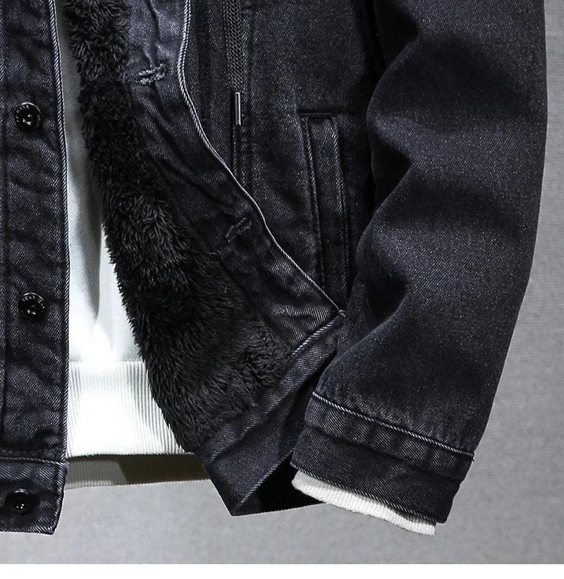 Giacca Jeans Uomo Invernale Termica Spessa Con Cappuccio In Pile Denim Casual Fit Trend