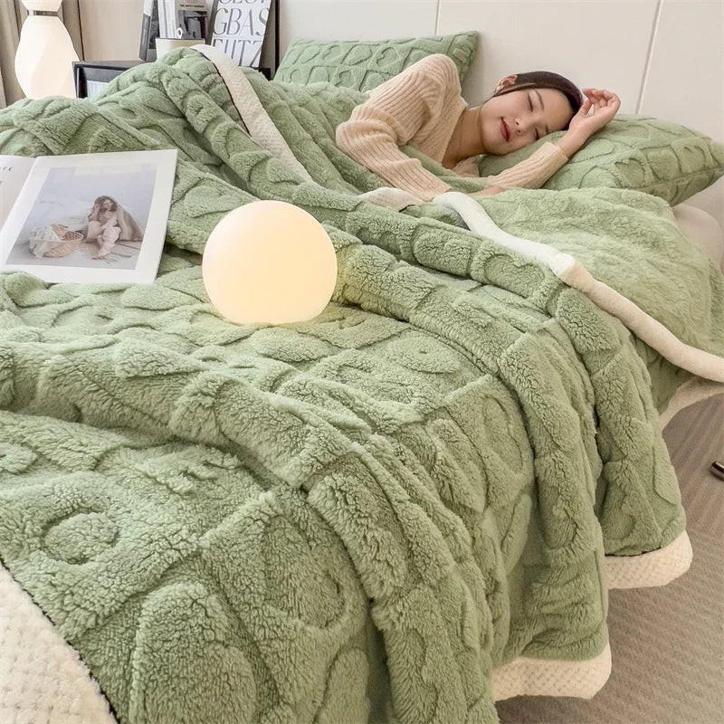 Coperta Invernale Calda in Peluche con Cuori e Taffetà Morbida e Spessa per Letto e Divano Singola o Matrimoniale