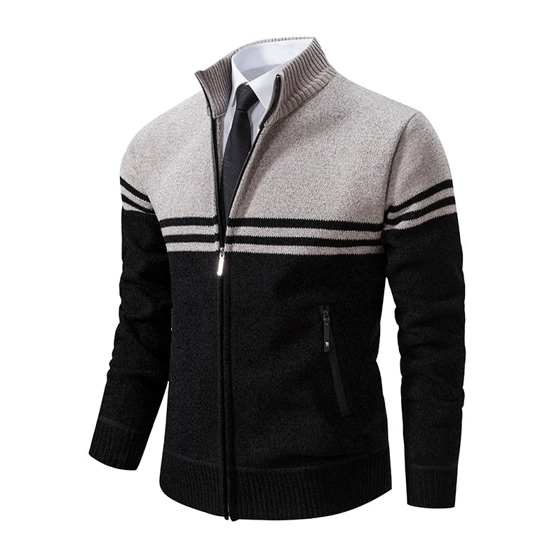 Nuovo Maglione Invernale da Uomo in Pile Spesso con Colletto Coreano e Cerniera Cardigan Casual a Righe