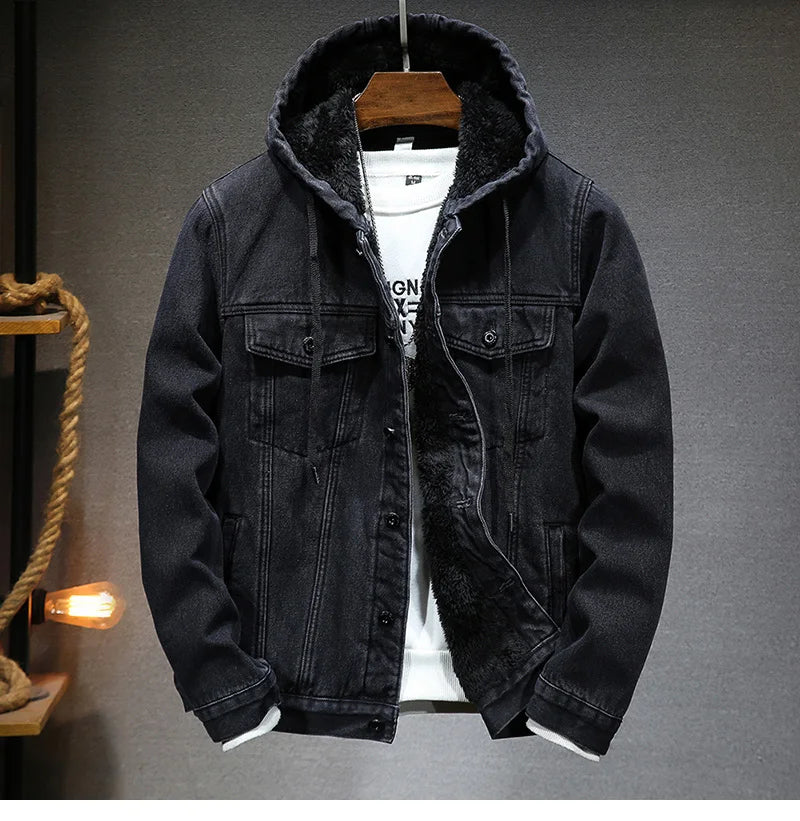 Giacca Jeans Uomo Invernale Termica Spessa Con Cappuccio In Pile Denim Casual Fit Trend