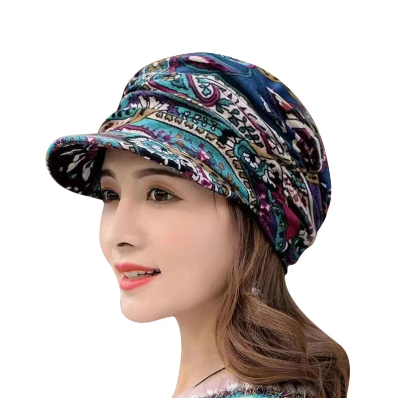 Berretto Da Donna In Cashmere Con Visiera Corta E Paraorecchie Pieghevole Stampa Floreale Ethnica Per Autunno Inverno