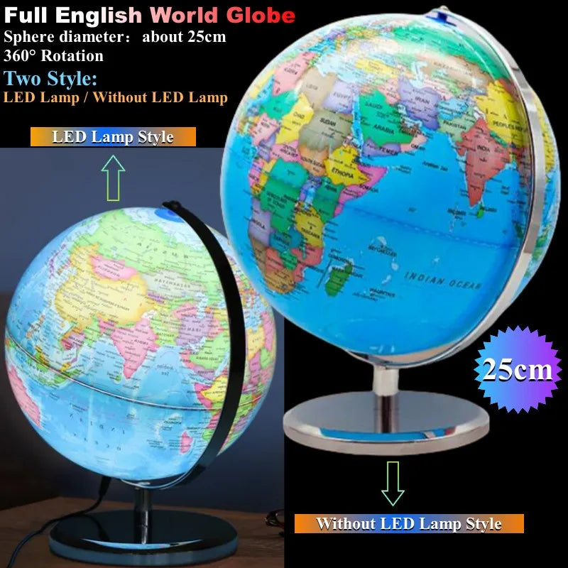 Globo Diametro 25 Cm Mondo Inglese Stampa HD 360 Gradi Per Insegnamento Degli Studenti Lampada Scrivania Led Metallo ABS