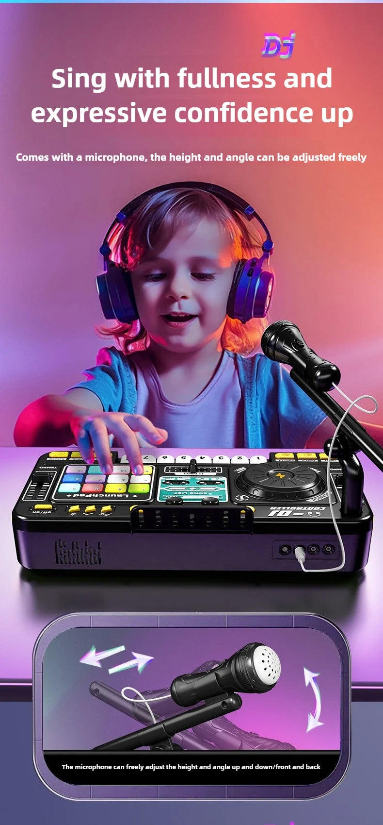 Controller DJ per bambini Mixer giocattolo musicale con microfono Luce a LED Gioco musicale elettronico Giradischi DJ per regali di compleanno per bambini