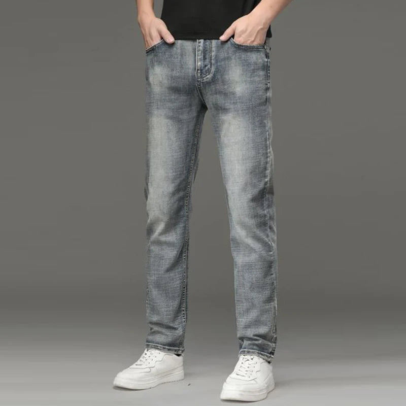 Jeans Uomo Slim Fit Vintage Di Fascia Alta In Denim Pesante Caldo Pantaloni Grigi Casual Versatili Dritti Quotidiani
