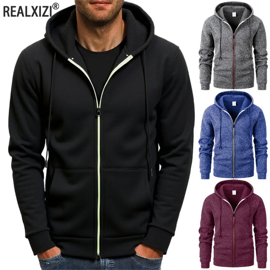 Felpa Da Uomo Autunnale Tinta Unita Con Cappuccio Maniche Lunghe E Chiusura A Cerniera Slim Fit Con Tasche