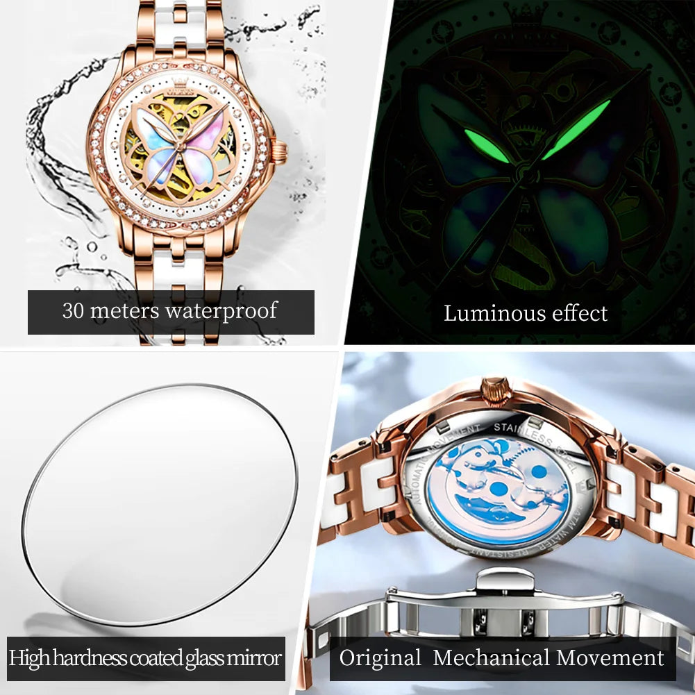 OLEVS Orologio Da Donna Meccanico Automatico In Ceramica Lunetta Originale Impermeabile Luminoso Quadrante A Farfalla